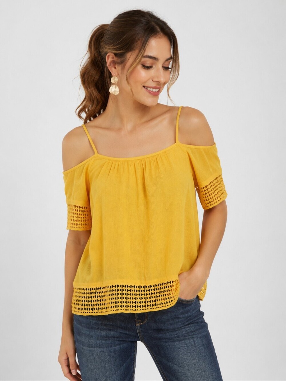 Yellow Cold-Shoulder Crochet Trim Blouse - Size 8 - Casual Summer Top